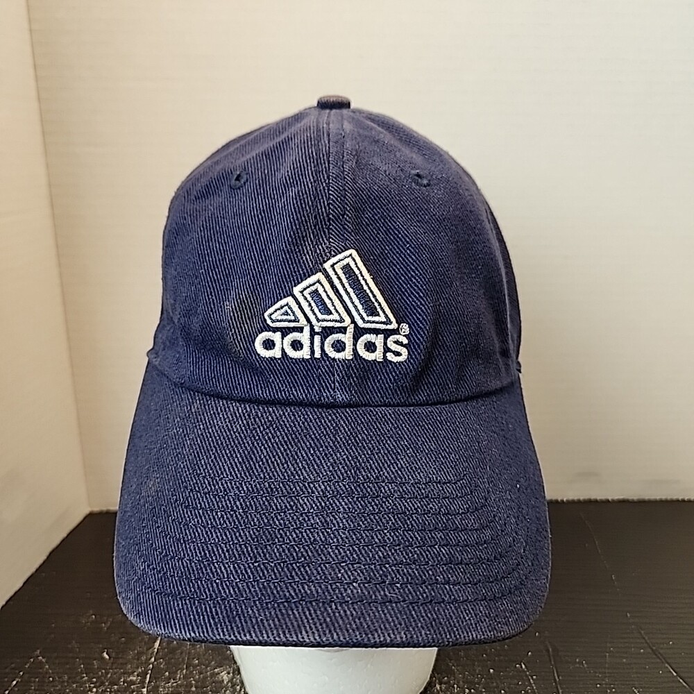 Vintage Adidas StrapBack Hat Cap Blue 3 Stripe Big Logo Y2K Fade Retro Casual